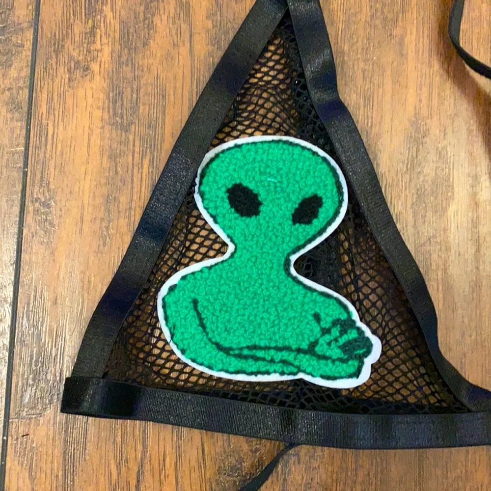 Fishnet Green Alien Patch Triangle Rave Top - Picture 3 of 4